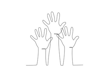 Human hands raised up. Human rights day one-line drawing