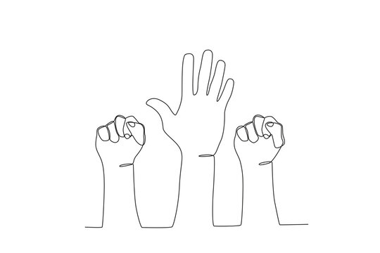 Hands raised against injustice. Human rights day one-line drawing
