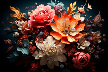 beautiful bouquet of flowers and roses on a dark background