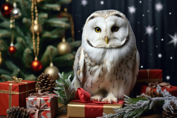 White owl sitting near christmas gifts, christmas tree on the background
