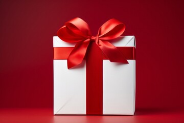 Obraz premium A White Gift Box with a Red Bow, Symbolizing Christmas and Birthday Celebrations, Generative AI