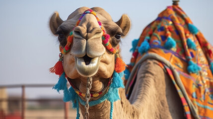 Decorated Arabian camel for a tourist camel ride - obrazy, fototapety, plakaty
