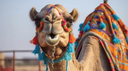Foto op Plexiglas Decorated Arabian camel for a tourist camel ride © PaulShlykov