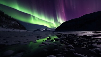 Frozen Fjords Illuminated by Aurora Borealis Extravaganza, Mesmerizing, Tranquil, Radiant, Majestic, Panoramic Frozen Fjords, Vibrant Glow of Northern Lights, Reflective Icy Surface, Jagged Mountain - obrazy, fototapety, plakaty