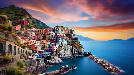 Zelfklevend Fotobehang A picturesque and vibrant cityscape nestled amidst the mountainous terrain overlooking the Mediterranean Sea in Europe's Cinque Terre region, featuring traditional Italian architectural charm. © Marry