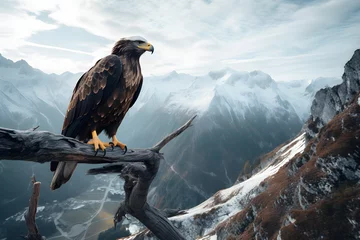 Foto op Canvas Bald Eagle on a branch in the mountains. 3d rendering, for poster, banner background © Canities