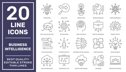 Set of business icons, teamwork, working, management. Business Intelligence vector icons. Editable Stroke. EPS 10