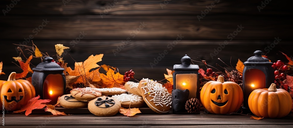 Canvas Prints Halloween themed gingerbread cookies with decorations on a table with copyspace for text