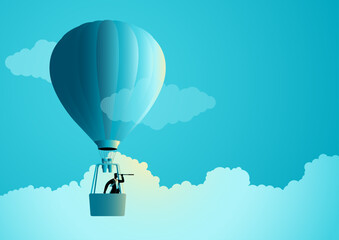 Businessman aboard an air balloon, using a telescope. Represents the business idiom Up In The Air, signifying uncertainty or pending decisions. It conveys the idea of navigating the unknown