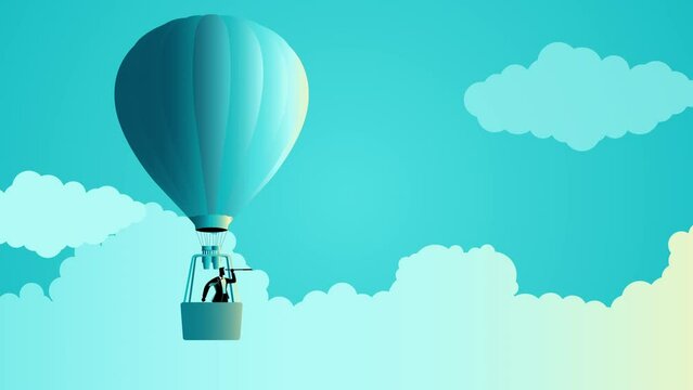 Businessman aboard an air balloon, using a telescope. Represents the business idiom Up In The Air, signifying uncertainty or pending decisions. It conveys the idea of navigating the unknown