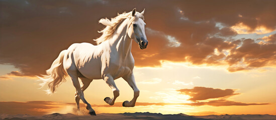 Obraz na płótnie Canvas White horse running at sunset. AI generated.