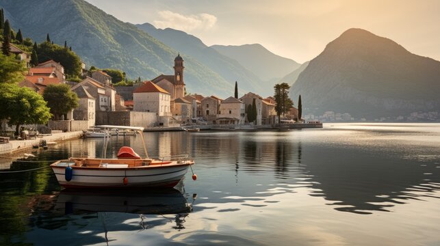 The historical town of Perast during the summer season, situated along the Bay of Kotor in Montenegro.