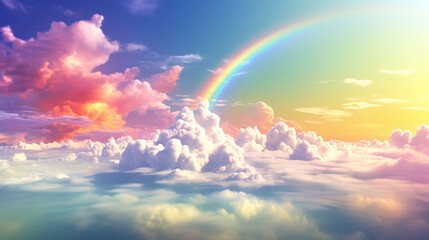 Generative AI, white fantastic clouds, sky and landscape with colorful rainbow. Gentle colors and with bright lights.
