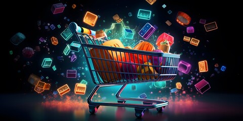 3d rendering of a shopping cart full of online purchases on a dark background