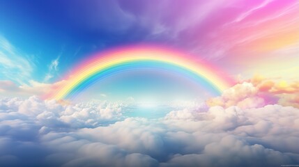 Generative AI, white fantastic clouds, sky and landscape with colorful rainbow. Gentle colors and with bright lights.