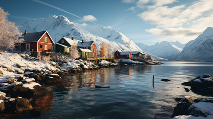 fjord in norway in winter with some wooden buildings and the snowcovered mountiains in the background - obrazy, fototapety, plakaty