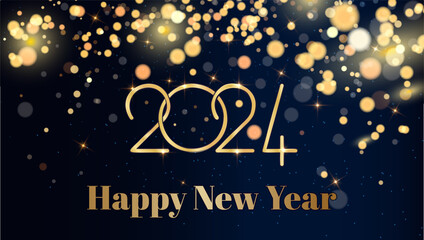 Happy new year 2024 banner in gold on a dark blue gradient background with white and transparent gold color circles in bokeh effect