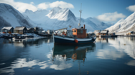 fjord in norway in winter with some wooden buildings and the snowcovered mountiains in the background - obrazy, fototapety, plakaty