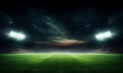 Green soccer field, bright spotlights, Generative AI 