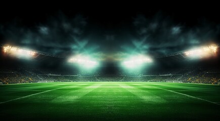 Green soccer field, bright spotlights, Generative AI 
