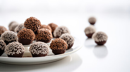 Closeup of typical brazilian brigadeiros, various candy flavors on white background