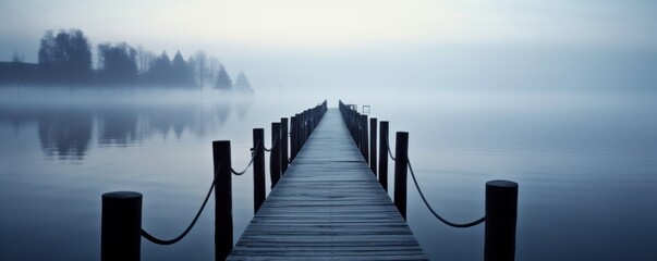 Pier on the lake. Foggy morning, Generative AI