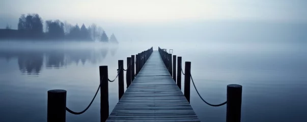 Tafelkleed Pier on the lake. Foggy morning, Generative AI © Dhriti