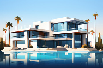 Modern country house villa in a minimalist cubic style with swimming pool, illustration of a vacation on the sea coast
