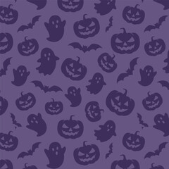 Cute seamless pattern with scary pumpkin, ghost and bat on purple background. Halloween pattern. Vector illustration	