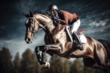 Fototapeta na wymiar Horse jumping. Show Jumping. Equestrian Sports. Horse riding. Digital ai art, Generative AI 