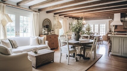Interior design inspiration of Farmhouse Traditional style home dining room loveliness decorated with Wood and Linen material and Exposed Beams .Generative AI home interior design .