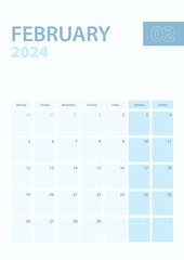 Vertical calendar page of February 2024, Week starts from Monday.
