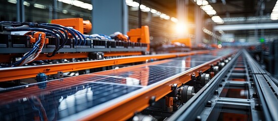 Solar panel assembly on a conveyor in a modern factory with an orange robot arm with copyspace for text - obrazy, fototapety, plakaty