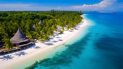 Beautiful panoramic aerial view of tropical beach in Maldives