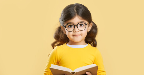 Cute smiling kindergarten girl with dark hair in gasses holding a book. Reading learning...