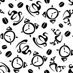Seamless pattern with alarm clocks, coffee cups, croissants, and coffee beans. Seamless background with morning symbols. Vector black and white seamless print