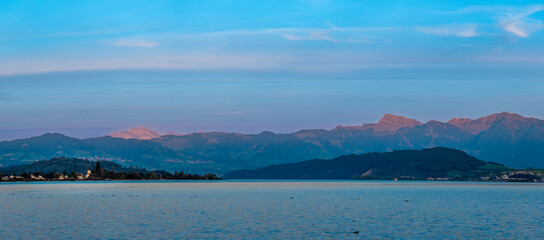 Panoramic view of the Upper Zurich Lake (Obersee), from the Seedam, Schwyz, St. Gallen, Switzerland.