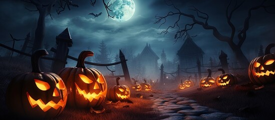 Fototapeta na wymiar Halloween design with graveyard Jack O Lantern pumpkins with copyspace for text