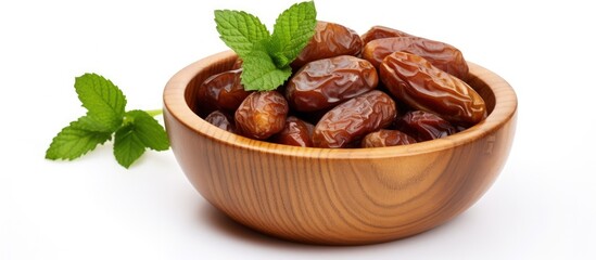 Obraz premium Pattern of dates with leaves in a wooden bowl isolated on a white background with copyspace for text