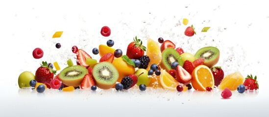 Fruit salad with falling fruits on a white background with copyspace for text