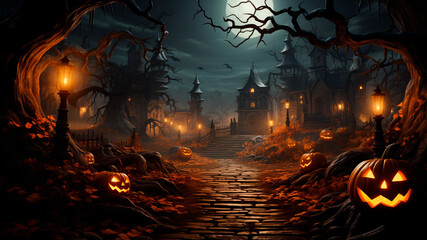 Creepy Halloween haunted houses, pumpkins lantern and bats. Generative AI