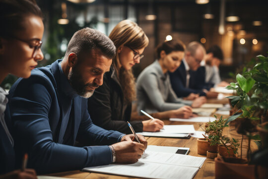 A group of employees attending a leadership development workshop to enhance their managerial skills. Concept of leadership development in HR. Generative Ai.