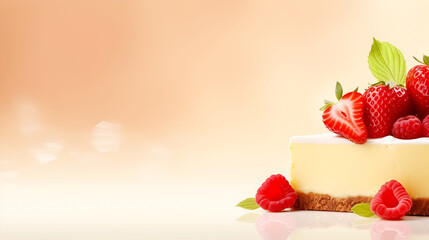 Creamy strawberry cheese cake, banner for ads. Classic cheese cake slice with fresh berries on...