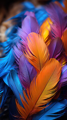 Beautiful multi-colored feathers of a fantastic bird, background of colorful feathers