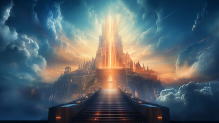 Stairway Through Clouds Leading To Heavenly Light.rendering 3D - obrazy, fototapety, plakaty