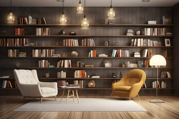 Bookshelf with books in a modern library. 3d rendering, world book day, education day, international education day - obrazy, fototapety, plakaty