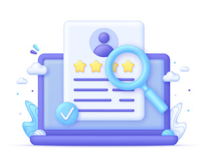 3D CV card illustration on Computer. Candidate questionnaire checklist for vacancy. Job search, human resources.