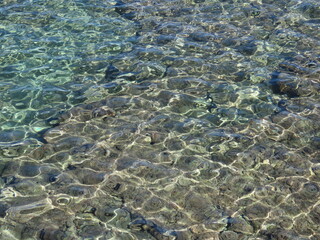 Beautiful view of the Mediterranean seabed through the water on the island of Crete in Greece. The photo can be used as an advertising banner or as a background in turquoise and blue tones.