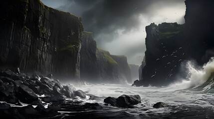 Fantastic panoramic view of the cliffs on the Atlantic Ocean in Iceland - obrazy, fototapety, plakaty