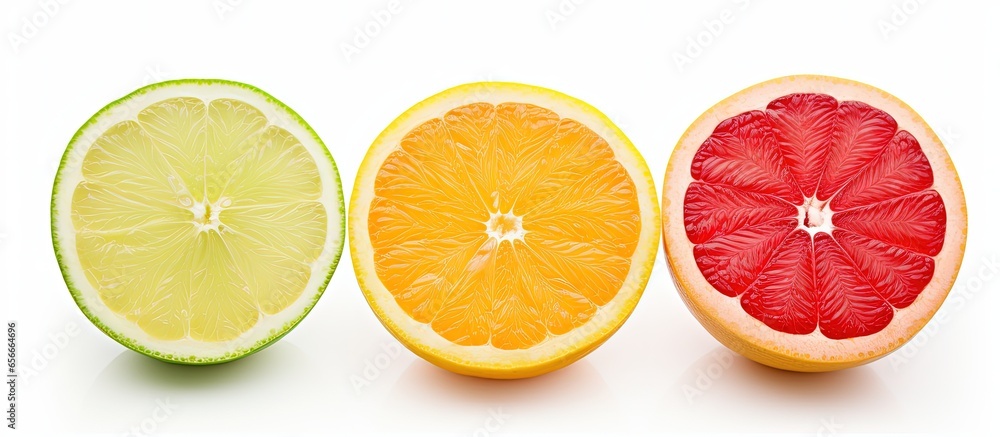 Poster assorted citrus slices white background with clipping path with copyspace for text
